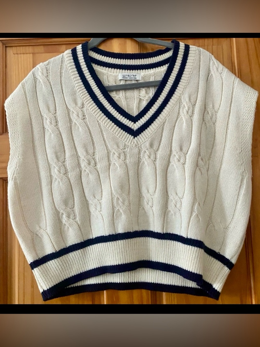 3.3 Field Trip Cable Knit Sweater Vest Cream Navy Preppy Varsity OS